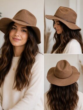 ALDO 100% Wool Camel Brown Wide Brim Fedora Rancher Hat One Size